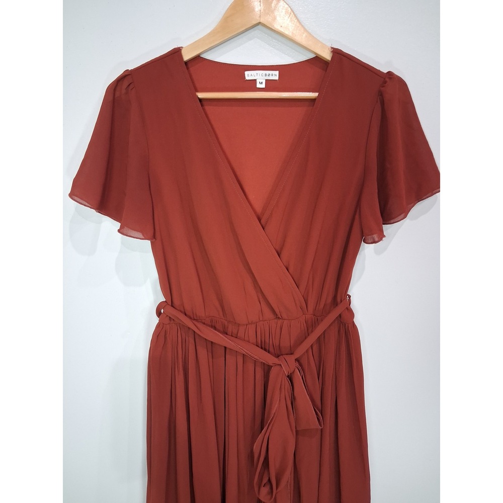Baltic Born Rust Red Chiffon Flutter Sleeve Wrap Midi Dress Womens Medium - Picture 2 of 7